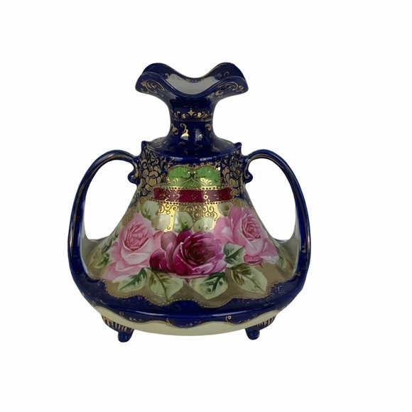 Vintage Handpainted Squat Vase Handles Cobalt Blue Floral Roses Gilded Victorian